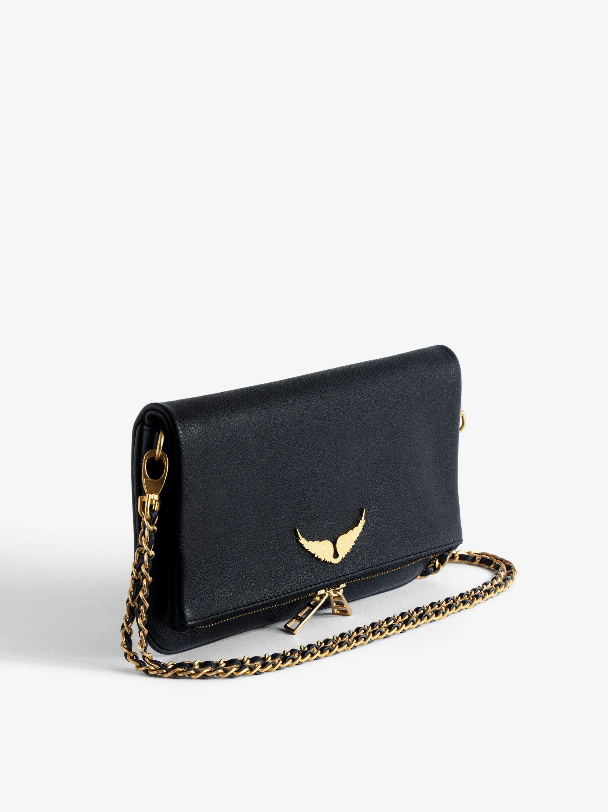 Rock Clutch - Grained leather clutch with double leather and metal chains and rhinestone-adorned wings.